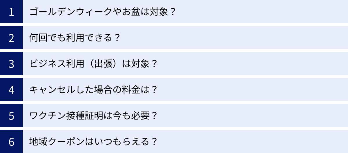 ゴールデンウィークやお盆は対象？、何回でも利用できる？、ビジネス利用（出張）は対象？、キャンセルした場合の料金は？、ワクチン接種証明は今も必要？、地域クーポンはいつもらえる？