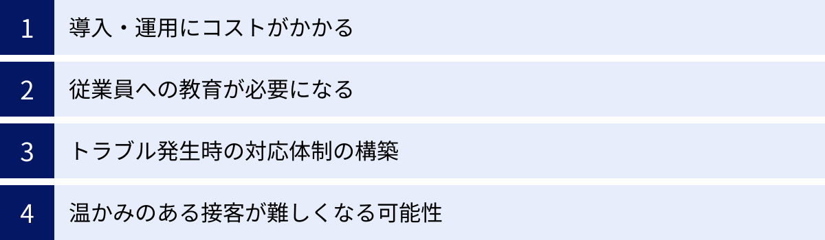 導入・運用にコストがかかる、従業員への教育が必要になる、トラブル発生時の対応体制の構築、温かみのある接客が難しくなる可能性