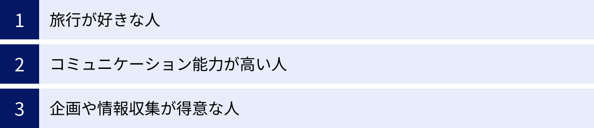 旅行が好きな人、コミュニケーション能力が高い人、企画や情報収集が得意な人