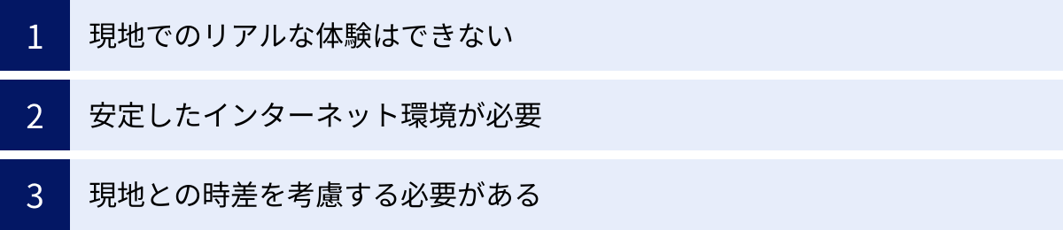 現地でのリアルな体験はできない、安定したインターネット環境が必要、現地との時差を考慮する必要がある