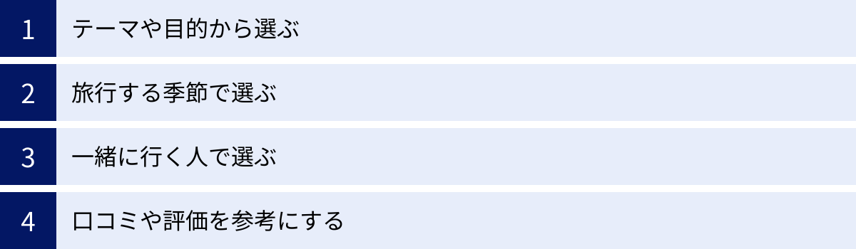 テーマや目的から選ぶ、旅行する季節で選ぶ、一緒に行く人で選ぶ、口コミや評価を参考にする