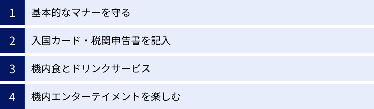 基本的なマナーを守る、入国カード・税関申告書を記入、機内食とドリンクサービス、機内エンターテイメントを楽しむ