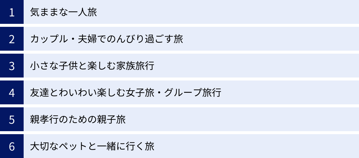気ままな一人旅、カップル・夫婦でのんびり過ごす旅、小さな子供と楽しむ家族旅行、友達とわいわい楽しむ女子旅・グループ旅行、親孝行のための親子旅、大切なペットと一緒に行く旅