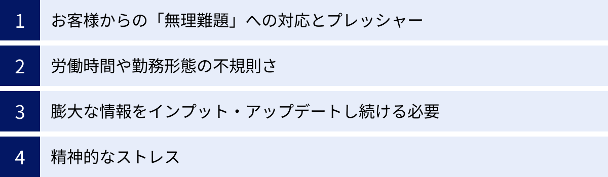 お客様からの「無理難題」への対応とプレッシャー、労働時間や勤務形態の不規則さ、膨大な情報をインプット・アップデートし続ける必要、精神的なストレス