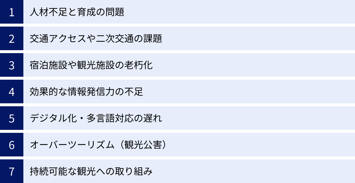人材不足と育成の問題、交通アクセスや二次交通の課題、宿泊施設や観光施設の老朽化、効果的な情報発信力の不足、デジタル化・多言語対応の遅れ、オーバーツーリズム（観光公害）、持続可能な観光への取り組み
