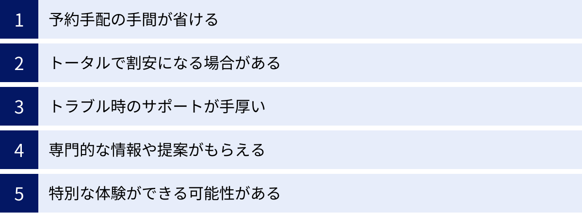 予約手配の手間が省ける、トータルで割安になる場合がある、トラブル時のサポートが手厚い、専門的な情報や提案がもらえる、特別な体験ができる可能性がある