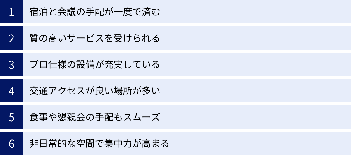 宿泊と会議の手配が一度で済む、質の高いサービスを受けられる、プロ仕様の設備が充実している、交通アクセスが良い場所が多い、食事や懇親会の手配もスムーズ、非日常的な空間で集中力が高まる