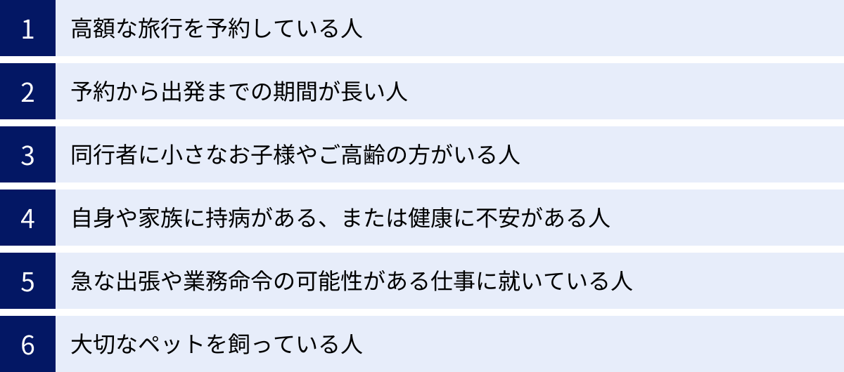 高額な旅行を予約している人、予約から出発までの期間が長い人、同行者に小さなお子様やご高齢の方がいる人、自身や家族に持病がある、または健康に不安がある人、急な出張や業務命令の可能性がある仕事に就いている人、大切なペットを飼っている人