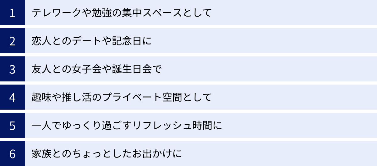 テレワークや勉強の集中スペースとして、恋人とのデートや記念日に、友人との女子会や誕生日会で、趣味や推し活のプライベート空間として、一人でゆっくり過ごすリフレッシュ時間に、家族とのちょっとしたお出かけに
