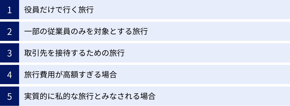 役員だけで行く旅行、一部の従業員のみを対象とする旅行、取引先を接待するための旅行、旅行費用が高額すぎる場合、実質的に私的な旅行とみなされる場合