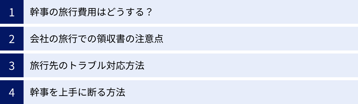 幹事の旅行費用はどうする？、会社の旅行での領収書の注意点、旅行先のトラブル対応方法、幹事を上手に断る方法