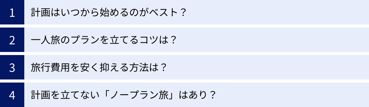計画はいつから始めるのがベスト？、一人旅のプランを立てるコツは？、旅行費用を安く抑える方法は？、計画を立てない「ノープラン旅」はあり？