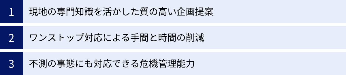 現地の専門知識を活かした質の高い企画提案、ワンストップ対応による手間と時間の削減、不測の事態にも対応できる危機管理能力