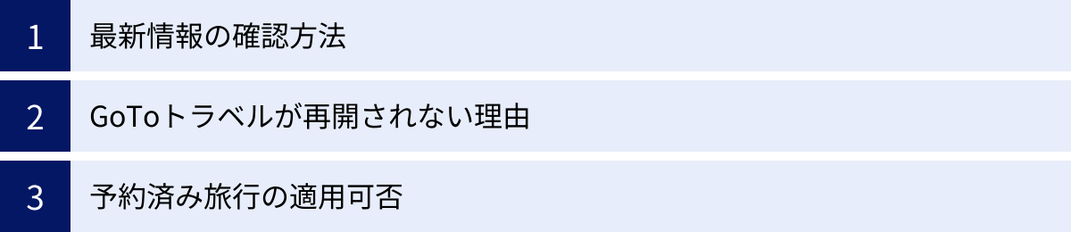 最新情報の確認方法、GoToトラベルが再開されない理由、予約済み旅行の適用可否