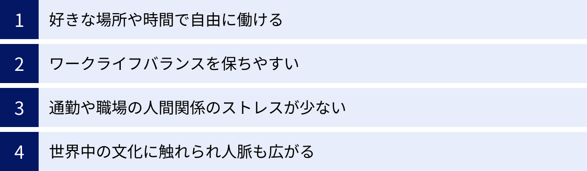 好きな場所や時間で自由に働ける、ワークライフバランスを保ちやすい、通勤や職場の人間関係のストレスが少ない、世界中の文化に触れられ人脈も広がる