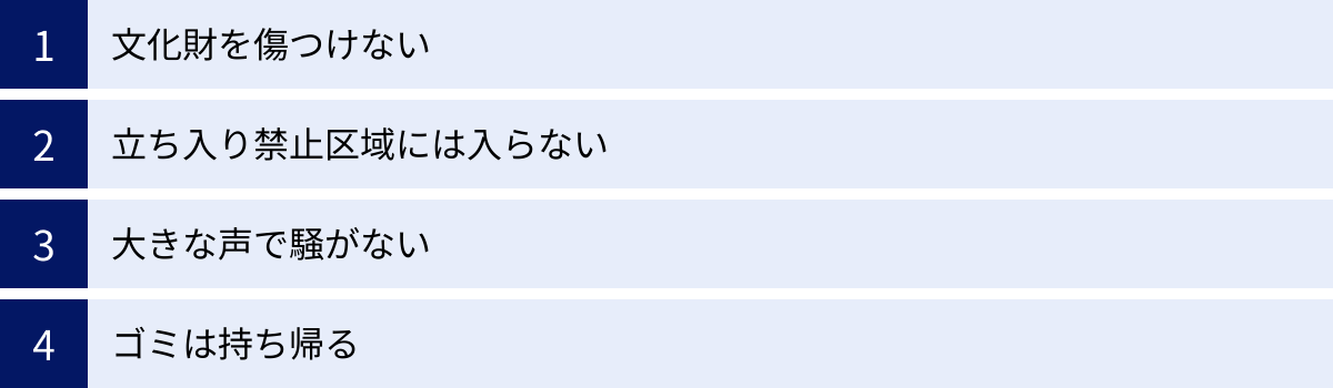文化財を傷つけない、立ち入り禁止区域には入らない、大きな声で騒がない、ゴミは持ち帰る