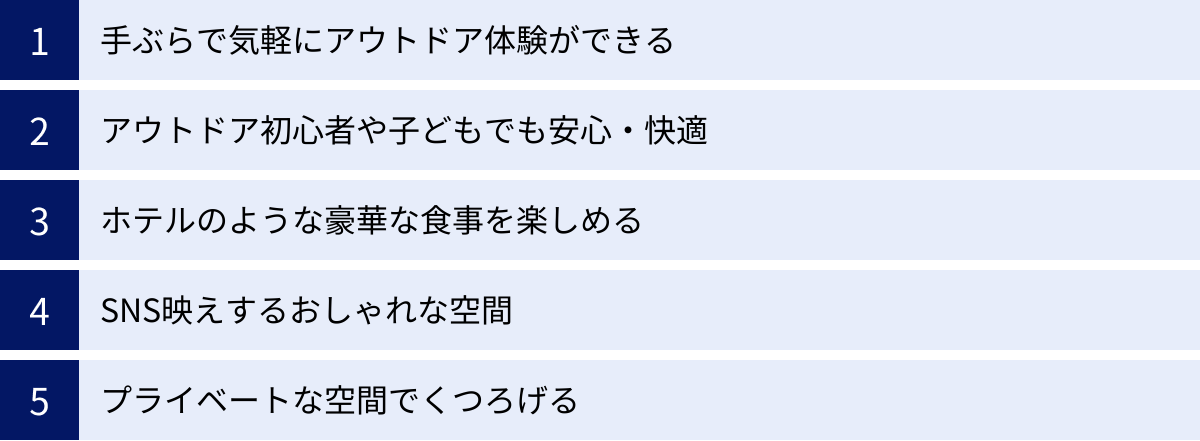 手ぶらで気軽にアウトドア体験ができる、アウトドア初心者や子どもでも安心・快適、ホテルのような豪華な食事を楽しめる、SNS映えするおしゃれな空間、プライベートな空間でくつろげる