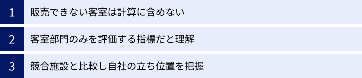 販売できない客室は計算に含めない、客室部門のみを評価する指標だと理解、競合施設と比較し自社の立ち位置を把握