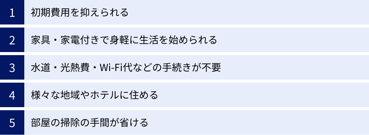 初期費用を抑えられる、家具・家電付きで身軽に生活を始められる、水道・光熱費・Wi-Fi代などの手続きが不要、様々な地域やホテルに住める、部屋の掃除の手間が省ける