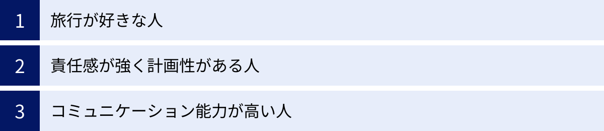 旅行が好きな人、責任感が強く計画性がある人、コミュニケーション能力が高い人
