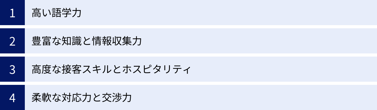 高い語学力、豊富な知識と情報収集力、高度な接客スキルとホスピタリティ、柔軟な対応力と交渉力