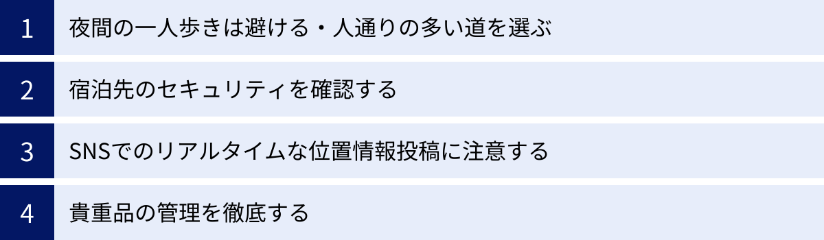 夜間の一人歩きは避ける・人通りの多い道を選ぶ、宿泊先のセキュリティを確認する、SNSでのリアルタイムな位置情報投稿に注意する、貴重品の管理を徹底する