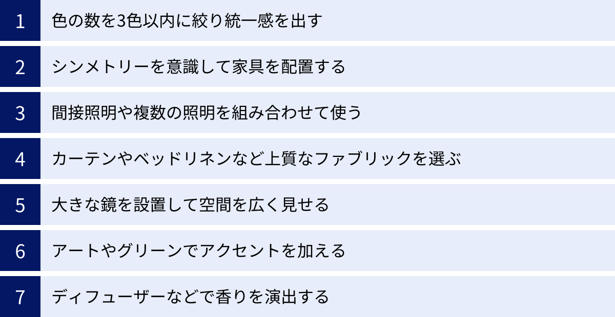 色の数を3色以内に絞り統一感を出す、シンメトリーを意識して家具を配置する、間接照明や複数の照明を組み合わせて使う、カーテンやベッドリネンなど上質なファブリックを選ぶ、大きな鏡を設置して空間を広く見せる、アートやグリーンでアクセントを加える、ディフューザーなどで香りを演出する